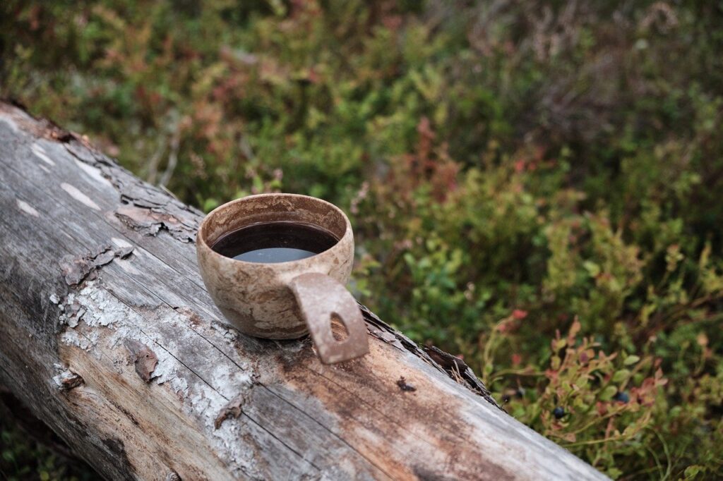 横たわった木に置かれたコーヒーカップ